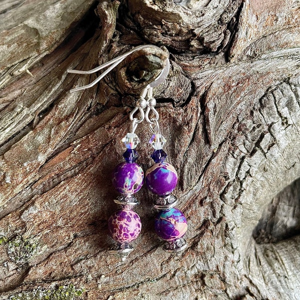 Purple Aqua Terra Jasper Drop Earrings, OOAK Jasper Dangle Earrings, Handmade Purple Gemstone and Swarovski Crystal Earrings.