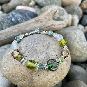 Green Glass, Swarovski Crystal and Moss Agate Bracelet, OOAK Glass Bracelets, Handmade Glass and Gemstone Beaded Bracelet.