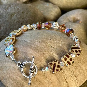 Spotted Czech Glass, Faceted Agate, Swarovski Crystal, Chinese Crystal, Antique Silver Gemstone Bracelet, OOAK Handmade Beaded Bracelets.