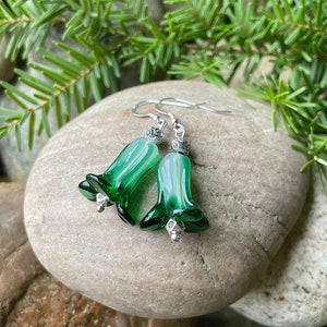 Green Lampwork Glass Flower Earrings, OOAK Lampwork Glass Dangle Earrings, Handmade Glass and Antique Silver Drop Earrings.