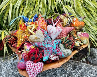 Decorative Fabric Hearts and Stars, Tree Decorations, Doorknob hangers, Party Favours, Home Furnishings, Shabby Chic Decor, OOAK crafts