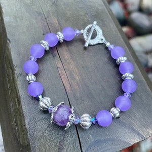Matte Purple Dyed Jade Beaded Bracelet with Chevron Amethyst Centre Bead, Antique Silver and Swarovski Crystals, Handmade Gemstone Jewelry.