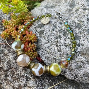 Agate and Olivine AB Green Swarovski Crystal Bracelet, Green Gemstone Bracelet, OOAK Handmade Agate and Green Crystal Beaded Bracelet.