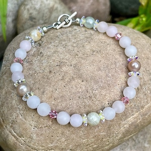 Matte Rose Quartz, Moonstone and Swarovski Crystal Beaded Gemstone Bracelet, Handmade Rose Quartz Bracelet, OOAK Boho Bracelet.