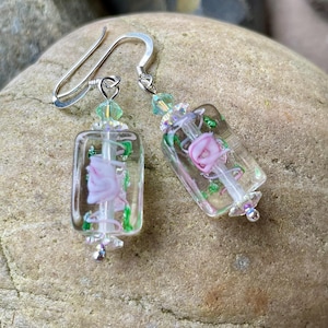 Lampwork Glass Beaded Gemstone Earrings, OOAK Crystal and Glass Earrings, Handmade Flower Glass Dangle Earrings.
