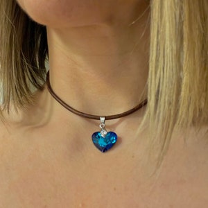 Blue Crystal Heart Choker on Leather Cord, OOAK, Crystal Necklace, Heart Pendant, Crystal Heart Necklace.