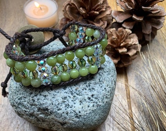 Olive Jade and Swarovski Crystal Hand-sewn Wrap Bracelet, OOAK, Gemstone bracelet