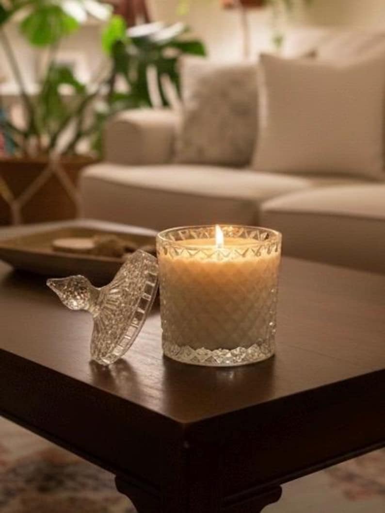 May include: A lit candle in a clear glass jar with a diamond pattern, and a glass lid with a decorative handle. The candle sits on a dark brown wooden table. The background includes a sofa and plants.