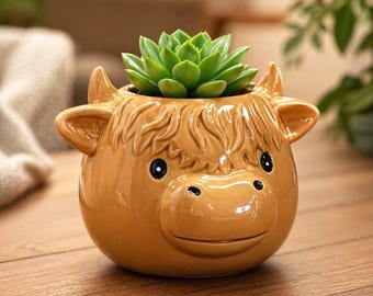 Ceramic Highland Cow Succulent Planter – Farmhouse Animal Flower Pot with Drainage Hole