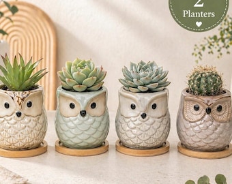 Ceramic Owl Planter Set, Small Succulent Plant Holder, Indoor Desk Decor (Set of 2)