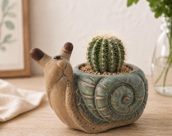 Snail Ceramic Planter | Succulent Pot with Drainage Hole, Desk Decor