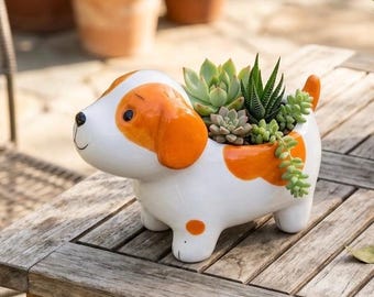 Cute Puppy Succulent Planter – Small Ceramic Animal Pot with Drainage Hole, Dog Dad Fathers Day Gift