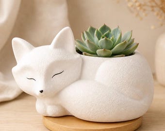 Fox Succulent Planter – Small Ceramic Animal Pot with Drainage Hole (Includes Wood Tray)