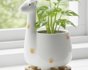 Giraffe Planter for Succulents, Ceramic Wildlife Flower Pots with Drainage Hole and Bamboo Tray