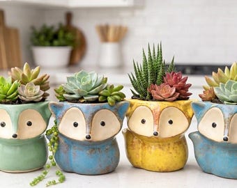 Fox Planter for Succulents | Small Animal Pot with Drainage Tray | Cute Woodland Desk Decor, Fox Lover Gift