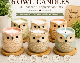 6 Pack Handmade Soy Wax Owl Candles – Teacher Appreciation Gifts – Reusable Jar