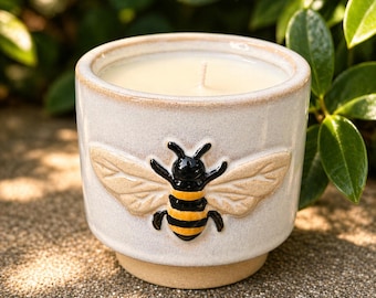 Bee Ceramic Jar Candle – Handmade Soy Wax, Rustic Farmhouse Decor