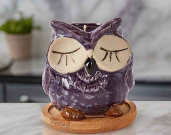 Lavender Sage Owl Candle, Ceramic Jar, Handmade Soy Candle