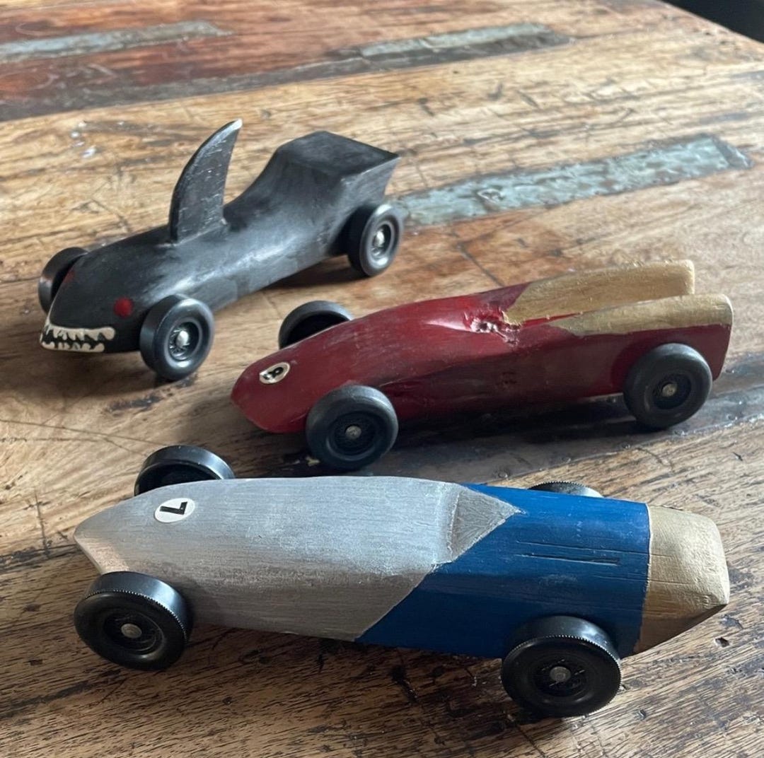 Vintage Wood Race Car Set - Black, Red, and Blue, Custom Pinewood Derby ...