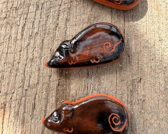 Set of 3 Terracotta Mice Fridge Magnets, Handmade Ceramic Kitchen Decor