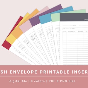 May include: Printable cash envelope inserts in eight different colors: red, orange, yellow, pink, purple, blue, green, and gray. Each insert has a table with columns for date, description, amount, and balance. The text "CATEGORY" is at the top of the page.