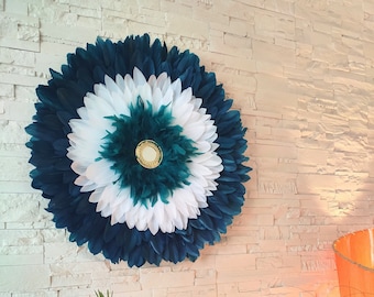 Jujuhat white blue feathers and Moroccan mirror in golden brass