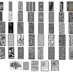 May include: A collection of black decorative panels with various intricate cut-out designs. The panels feature patterns such as geometric shapes, floral motifs, and abstract lines. Some panels are rectangular, while others are square or have unique shapes.