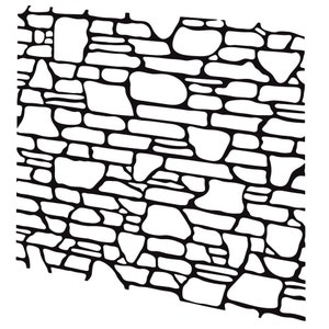 Può includere: Illustrazione in bianco e nero di un muro di pietra. Il muro è composto da pietre di forma irregolare con contorni scuri, creando un aspetto strutturato. Le pietre variano per dimensioni e forma, dando un aspetto rustico.