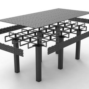 CNC-laserskärning av svetsbord i DXF-vektorritningar, modulärt fixturbord D16 2,5x1,25 m, byggritningar för metallbord, plåtskärningsfil