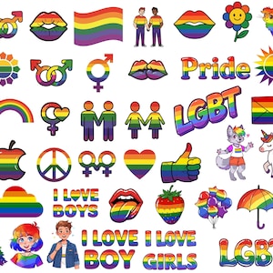 May include: A collection of colorful stickers featuring rainbow designs, peace signs, hearts, stars, and other symbols. The stickers also include text such as "Pride", "LGBT", "I Love Boys", "I Love Girls", and "LGBT".