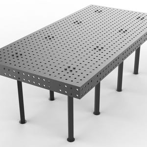 Könnte beinhalten: Ein grauer Metallarbeitstisch mit einer perforierten Oberfläche und schwarzen Beinen. Der Tisch hat eine rechteckige Form und wird von sechs zylindrischen Beinen getragen. Die Oberfläche ist mit gleichmäßig verteilten Löchern bedeckt.