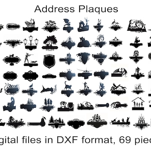 Può includere: Una collezione di 69 file digitali in bianco e nero in formato DXF per targhe di indirizzo. I disegni presentano vari temi, tra cui animali, piante e forme geometriche. Il testo "Address Plaques" e "Digital files in DXF format, 69 pieces" è incluso nell'immagine.