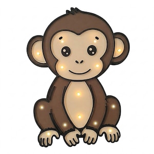 Może przedstawiać: Drewniana nocna lampka w kształcie brązowej małpy z uśmiechającą się twarzą i świecącymi światłami w oczach, nosie i brzuchu.