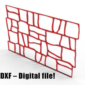 Op de afbeelding: Een rood digitaal bestandssjabloon met een rechthoekig raster van onregelmatige, steenachtige vormen. Het ontwerp is een platte, lineaire structuur met open ruimtes tussen de rode contouren. Tekst DXF - Digital file! staat eronder.