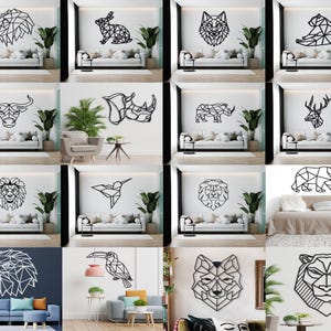Könnte beinhalten: Eine Collage aus 12 verschiedenen geometrischen Tier-Wanddekorationen. Jedes Design ist eine schwarze Silhouette eines Tieres, wie z. B. ein Löwe, ein Bär, ein Hirsch, ein Nashorn, ein Adler und ein Wolf, in geometrischem Stil dargestellt. Die Designs werden an weißen Wänden in einem Wohnzimmer-Ambiente gezeigt.