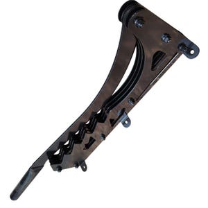 May include: A dark metal, industrial-style bracket with a series of curved and angled supports. The bracket features multiple layers and a series of bolt and nut fasteners. The design includes a toothed edge and a cylindrical component at the top.