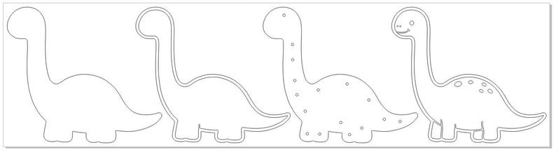 K&ouml;nnte beinhalten: Vier Schwarz-Wei&szlig;-Zeichnungen von Dinosauriern. Die Dinosaurier sind alle nach rechts ausgerichtet. Die Dinosaurier haben lange H&auml;lse und Schw&auml;nze. Der Dinosaurier in der Mitte hat Flecken auf seinem K&ouml;rper.