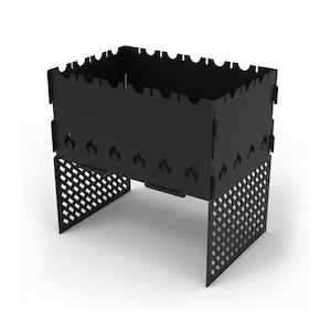May include: Black metal fire pit with a square design and a mesh bottom. The fire pit has a decorative cutout of flames on the sides.