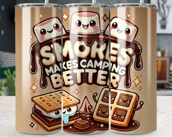 Könnte beinhalten: Ein brauner Becher mit einem weißen Strohhalm. Das Design zeigt Cartoon-Marshmallows, Schokolade und Graham-Cracker mit dem Text "S'mores Makes Camping Better". Der Becher hat eine glänzende Oberfläche.