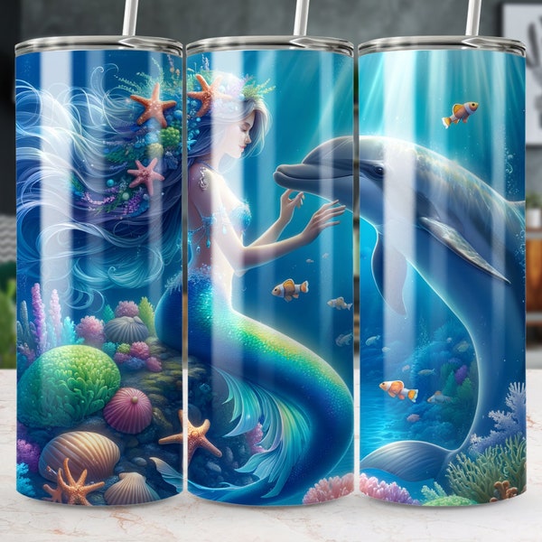 Mermaid And Dolphin Underwater Scene 20oz Skinny Tumbler Wrap, Sublimation Design, Straight/Tapered, Instant Download, Mermaid Tumbler Wrap