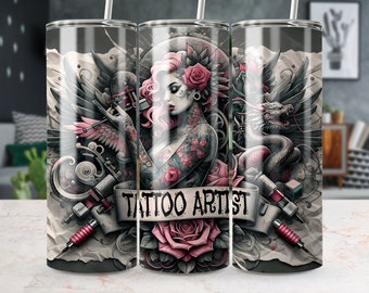 Tattoo Artist 20oz Skinny Tumbler Wrap, Sublimation Design,Straight/Tapered, Instant Digital Download,  300 DPI PNG, Tattooist Tumbler Wrap