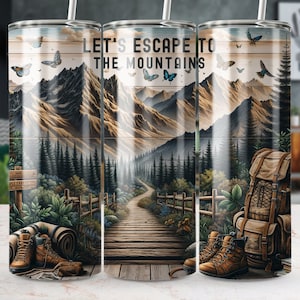 Wandelen - Escape to The Mountains 20 oz skinny bekerverpakking, recht/taps toelopend ontwerp, digitale download, wandel- en ontdekkingsbeker beker