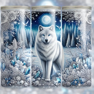 May include: A white wolf stands in a snowy forest with a full moon in the background. The wolf is surrounded by blue and white crystals. The scene is painted in a whimsical style.
