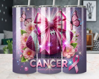 Vaso delgado sin costuras de 20 oz con diseño de sublimación para combatir el cáncer de mama, vaso de fútbol PNG para concientización sobre el cáncer de mama, descarga digital
