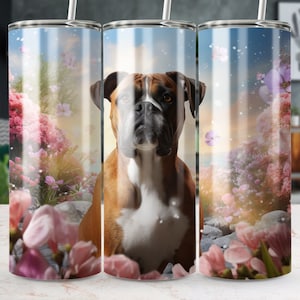 Boxer Dog in Flower Garden 20 oz Skinny Tumbler Sublimation Design Digital Download PNG Instant Digtal Download, Tumbler Wrap,Dog Lover Gift