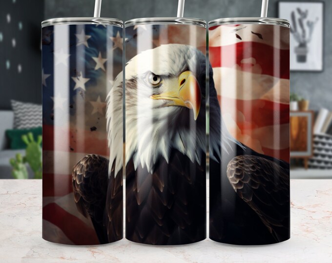 Patriotic 3D American Bald Eagle 20 oz Skinny Tumbler Sublimation Design, Straight & Tapered Wrap, Tumbler Wrap, Tumbler Png