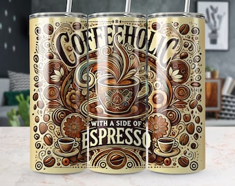 May include: A set of three stainless steel tumblers with a colorful, whimsical design featuring coffee beans, swirls, and the text "COFFEEHOLIC WITH A SIDE OF ESPRESSO".