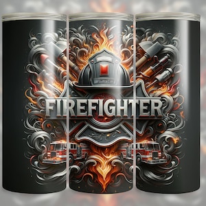 May include: A black and red firefighter themed tumbler with a fire hydrant, axe, and hose. The tumbler has a silver metal band and the word "FIREFIGHTER" in bold letters.