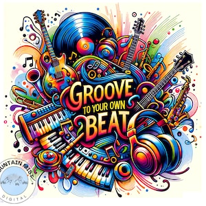 May include: A colourful illustration of musical instruments, including a guitar, saxophone, keyboard, and headphones, with the text "GROOVE TO YOUR OWN BEAT" in a stylised font.