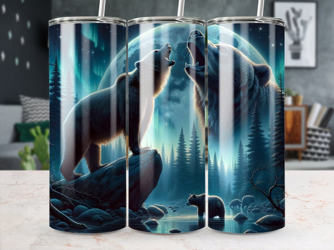 Grizzly Bear in Moonlit Northern Lights 20 Oz Skinny Tumbler ...